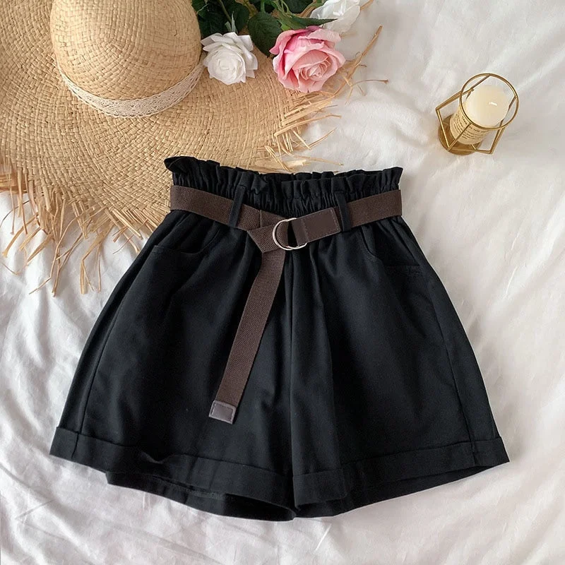 Women Casual High Waist Loose Cotton Short Pants 2022 Summer Elegant Sweet Girls All-Match Wide Leg Shorts With Belt Korean