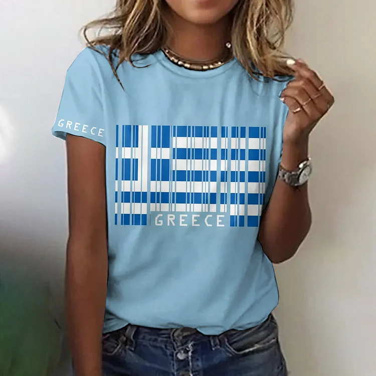 VChics Greek Flag Print Round Neck Short Sleeved T-shirt