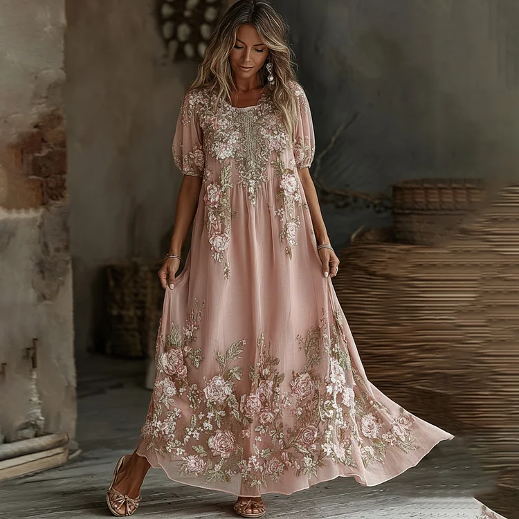 Women's Vintage Rose Floral Embroidered Elegant Short-sleeved Dress