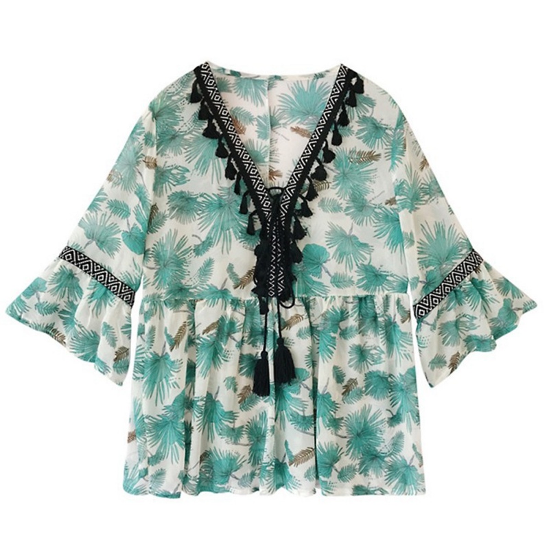 Women's  Bohemian Summer Chiffon Blouse Shirt Female Tassel Floral Printed Long Flare Sleeve Loose V Neck Tops