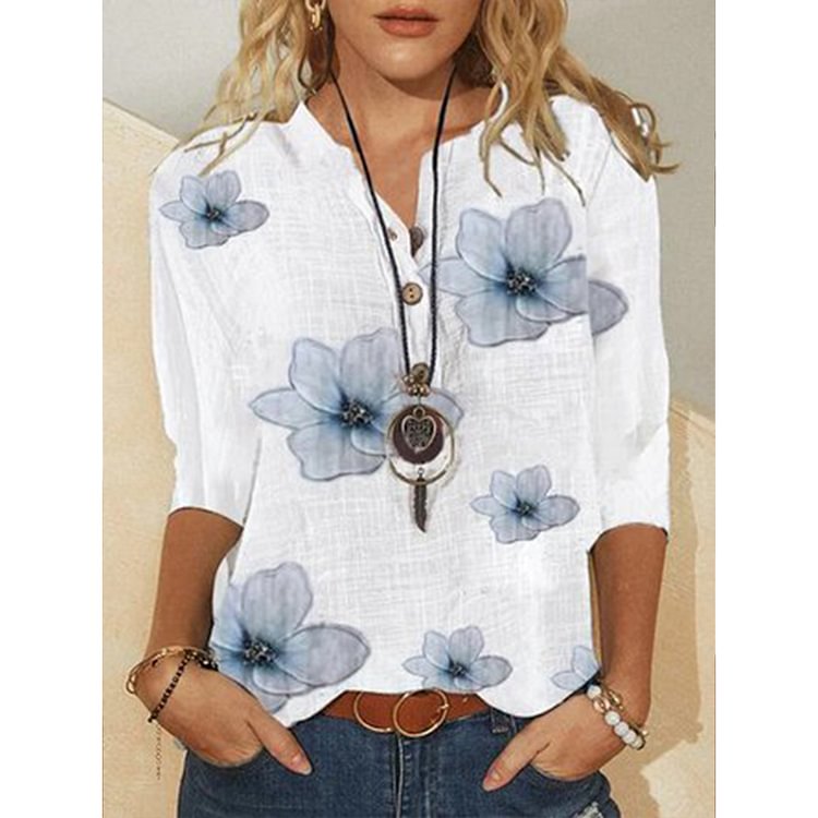 Women's Summer Floral Linen Half Sleeve V Neck Blouses & Shirts
