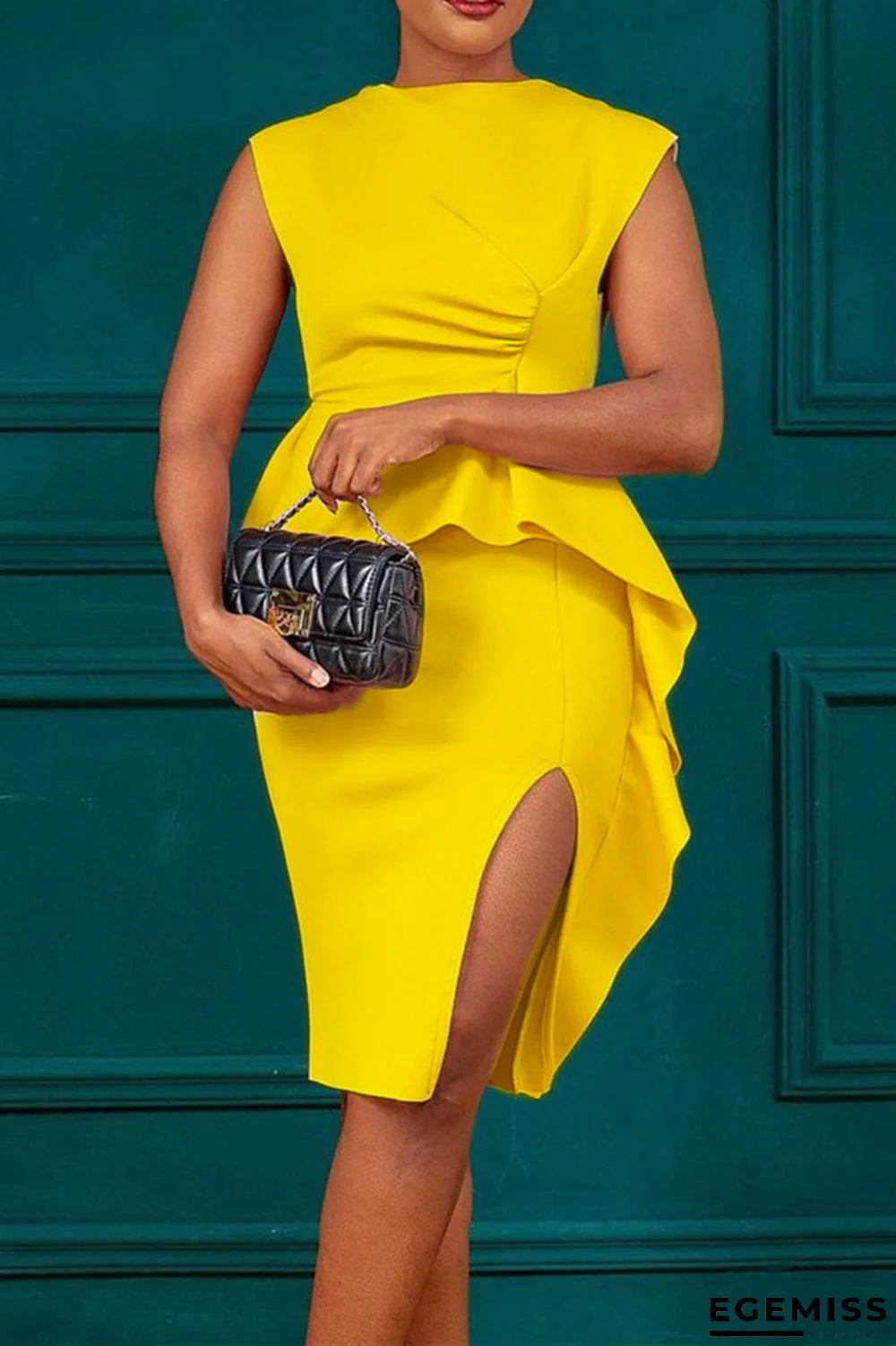 Yellow Fashion Casual Solid Patchwork Slit O Neck Sleeveless Dress Dresses | EGEMISS