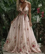 Women's Pink Rose Embroidery Art Suspender Maxi Dress - Image 3