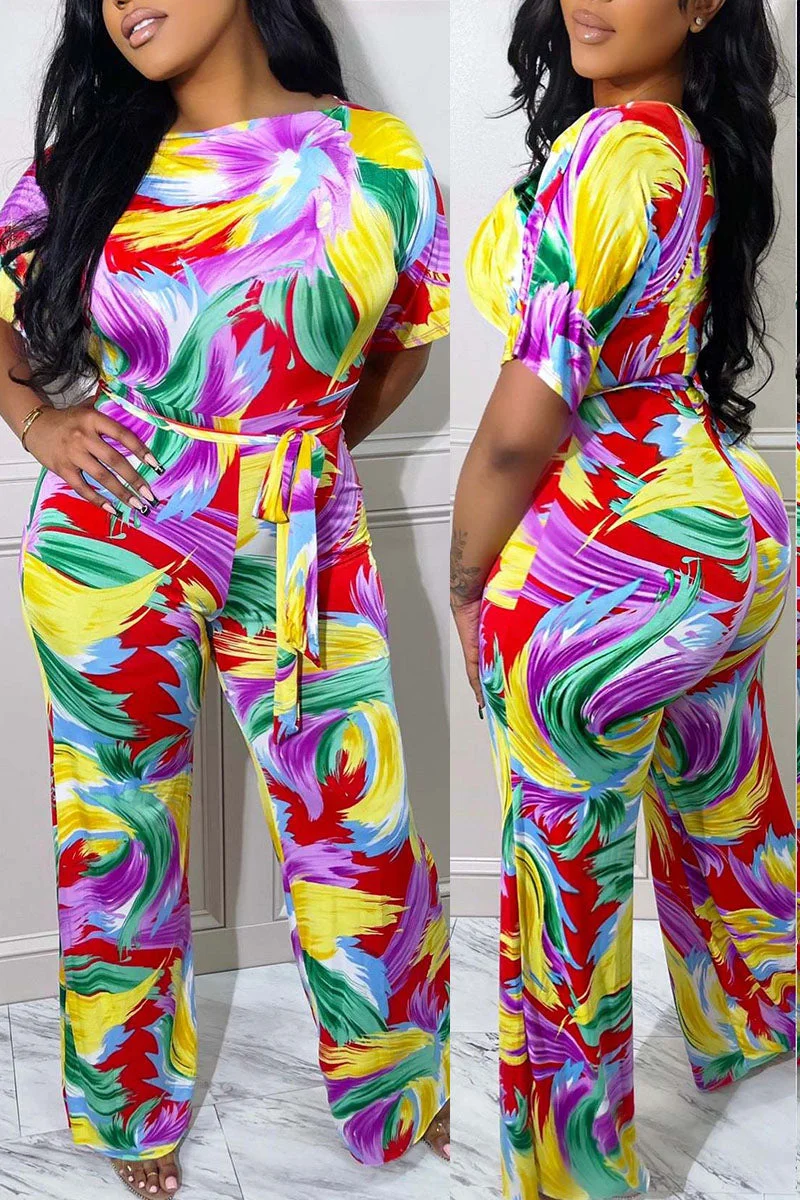 Casual Print Bandage Patchwork O Neck Straight Jumpsuits