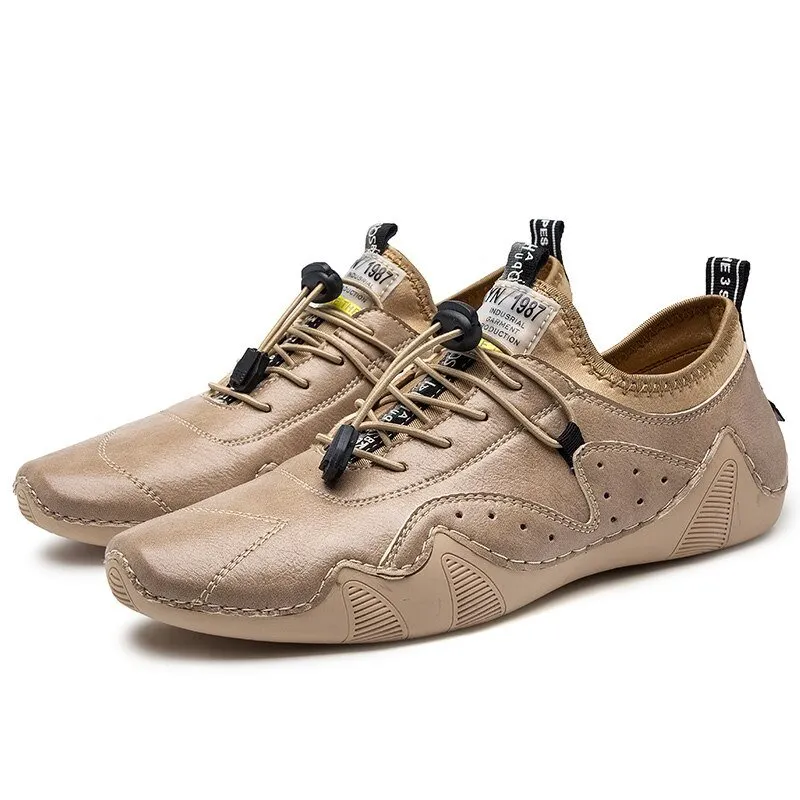 Men's Leather Breathable Handmade Soft Casual Driving Shoes Elastic Band Loafers