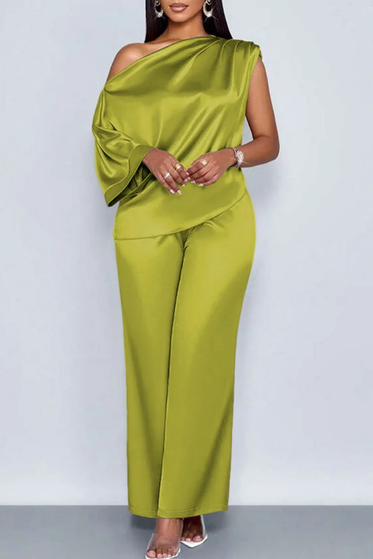 Plus Size Business Casual Pink Elegant Oblique Collar Short Sleeve Pocket Satin Two Piece Pant Sets 2024 - Xpluswear