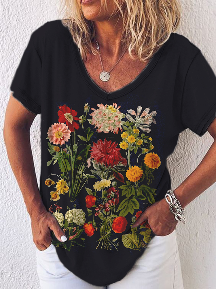 Vintage Botanical Flowers Art V Neck T Shirt wearshes