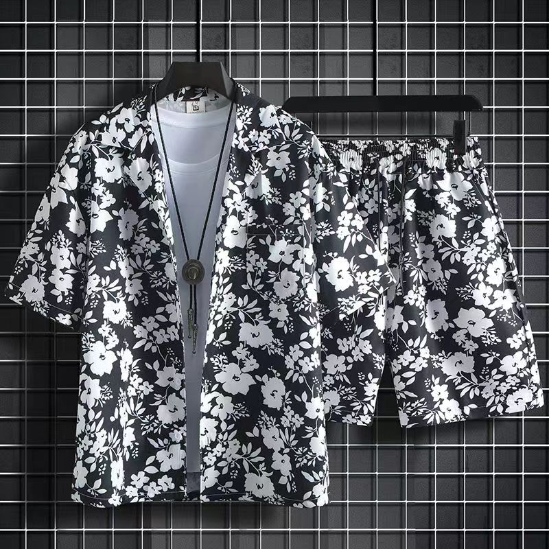Wlmerlist New Summer Fashion Beach 2PCS Suits Mens Print Short Sleeve Shirt Tops And Shorts Two Piece Set Couple Hawaiian Holiday Outfits