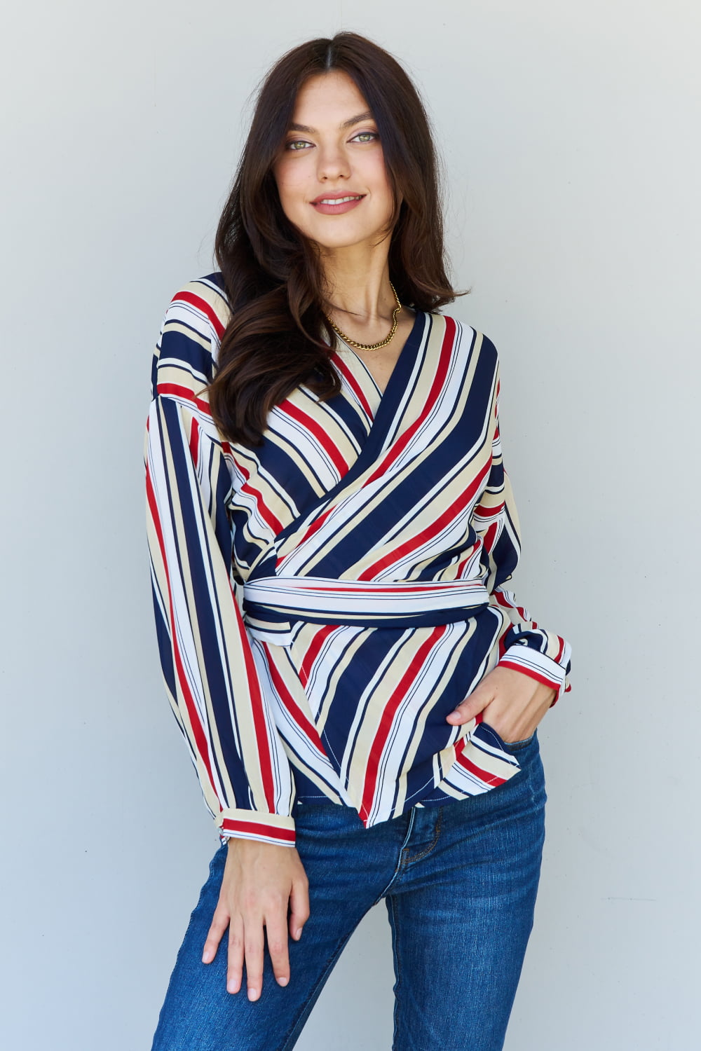 LLYGE Multicolored Striped Wrap Top in Multi Red llyge
