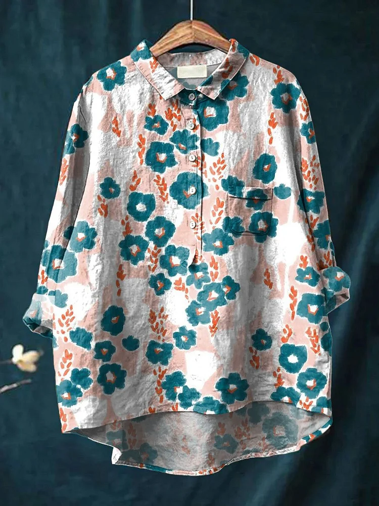 Women's Flower Print Casual Cotton And Linen Shirt