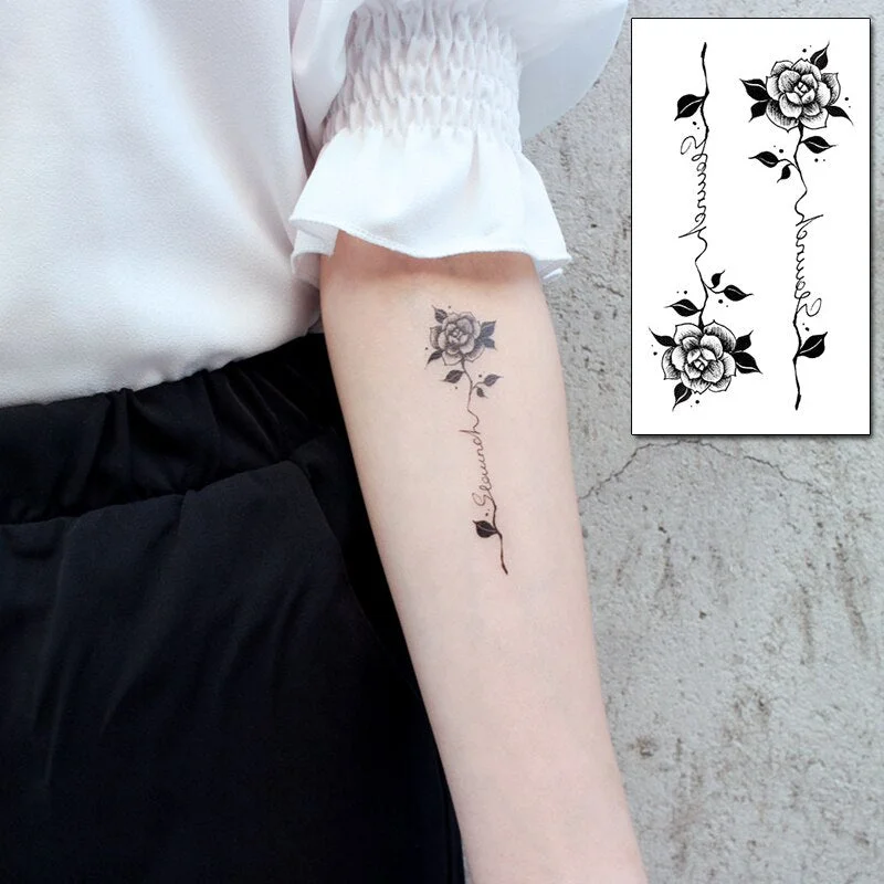 Tattoo Stickers Rose Flower English Letters Leaf Plant Body Makeup Art Waterproof Flash Tatoo Fake Tattoos for Men Women Kids