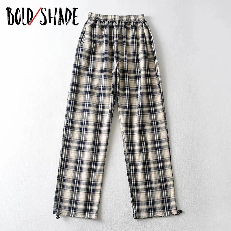 Bold Shade Plaid Skater Style Boyfriend Pants High Waist 90s Streetwear Fashion Women Straight Trousers Indie Vintage Baggy Pant