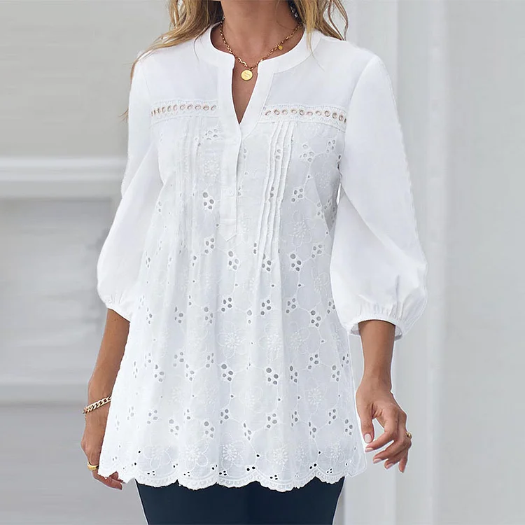 Solid Color Hollow out V-neck 3/4 Sleeves Blouse