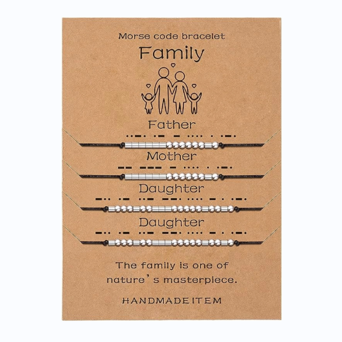 4 Pcs Morse Code Bracelets for Family Adjustable Bracelets with Message Card Father, Mother, Daughter & Daughter bracelets