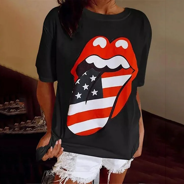 VChics Fun American Flag Tongue Print Crew Neck T-Shirt