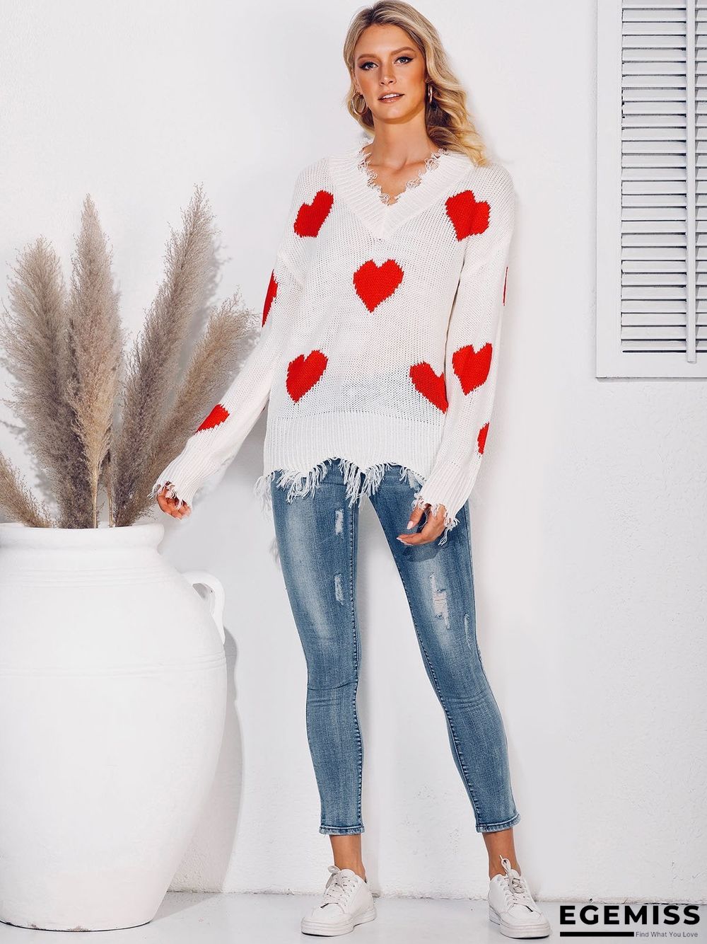 Long Sleeve Graphic V Neck Sweater | EGEMISS