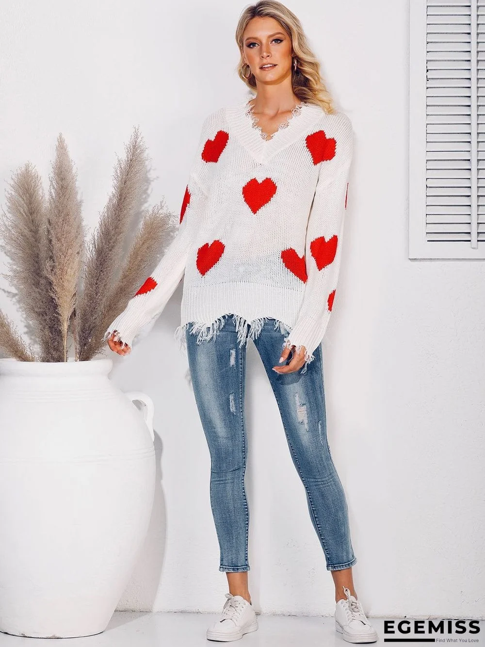 Long Sleeve Graphic V Neck Sweater | EGEMISS