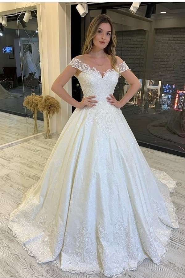 Chic Train A-Line Off-the-Shoulder Backless Wedding Dress With Appliques Lace | Ballbellas Ballbellas