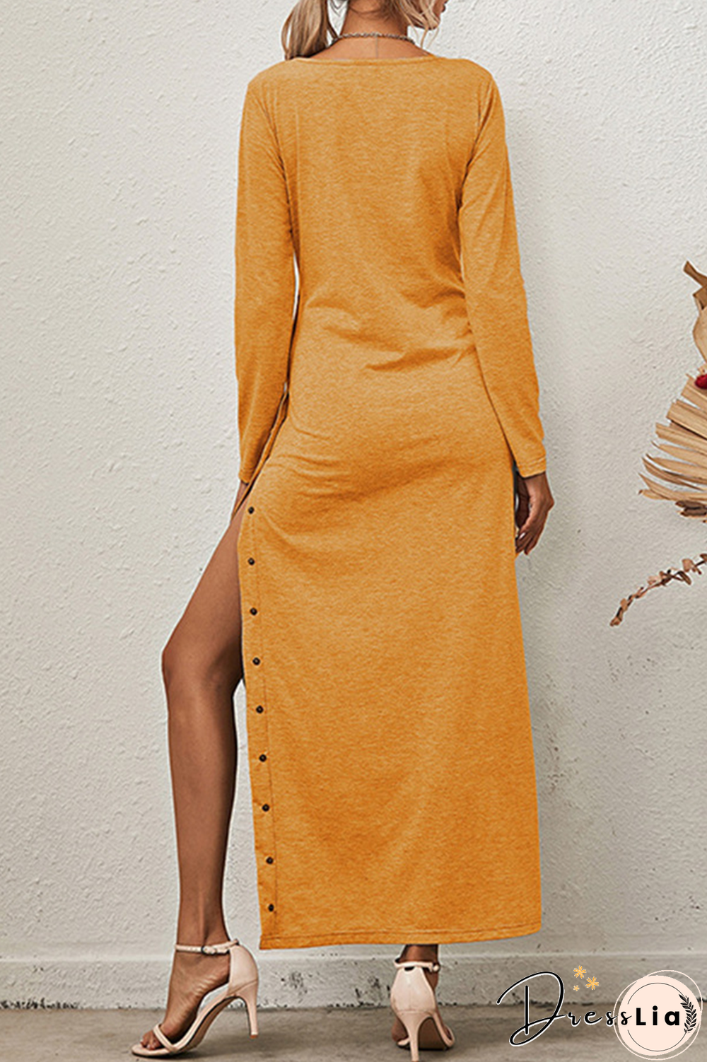 Solid Buckle Slit O Neck A Line Dresses(8 Colors)