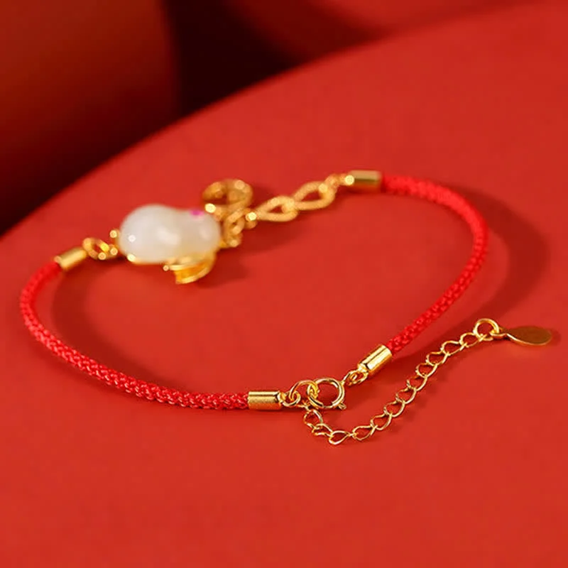 925 Sterling Silver Hetian White Jade Luck Blessing Red String Bracelet