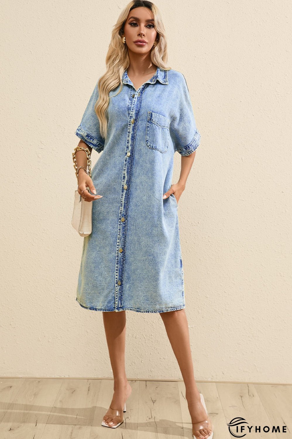 Denim Shirt Dress with Button Pockets | IFYHOME