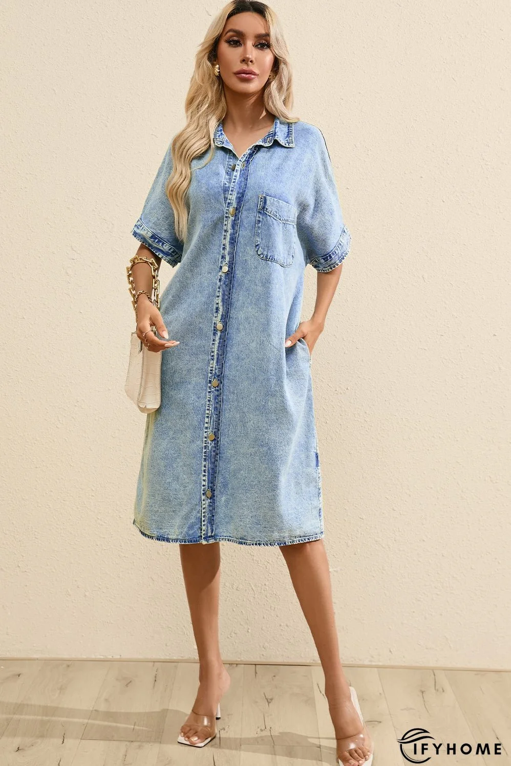 Denim Shirt Dress with Button Pockets | IFYHOME