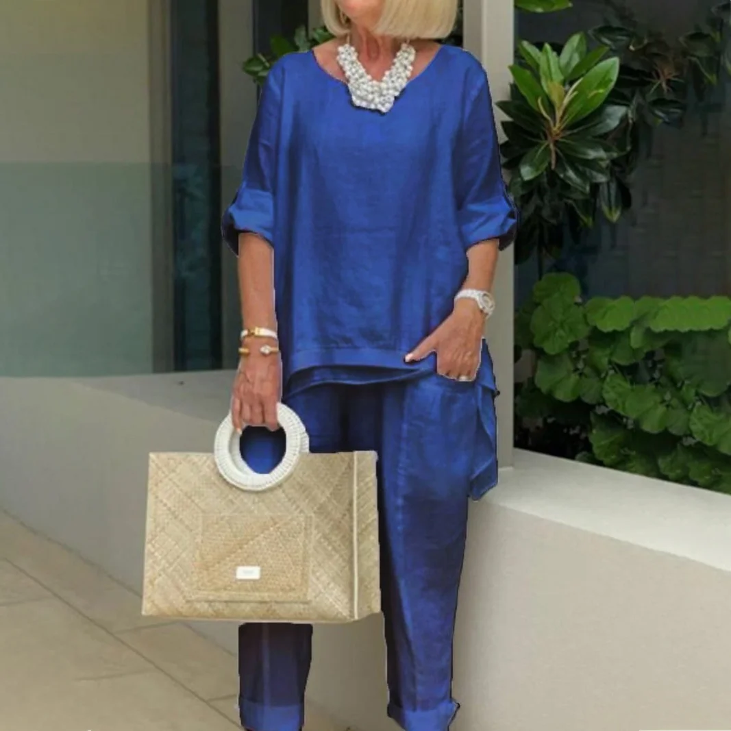 Casual Cotton Linen Solid Two Piece Set