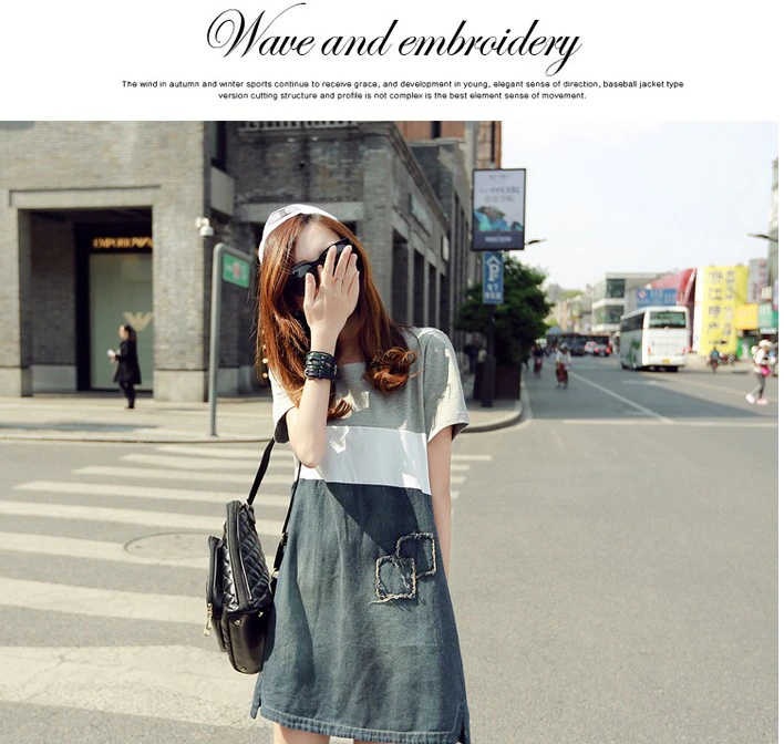 Summer New Short-sleeved Stitching Denim Dress Female Korean Version Plus Size Women's A-line Dresses Casual Pocket Street Dress