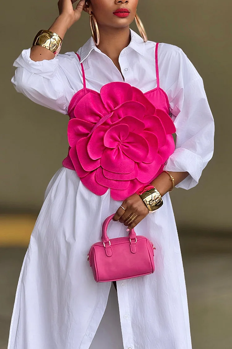 Plus Size Vacation White Shirt Collar Long Sleeve 3D Button Maxi Dresses [Pre-Order]