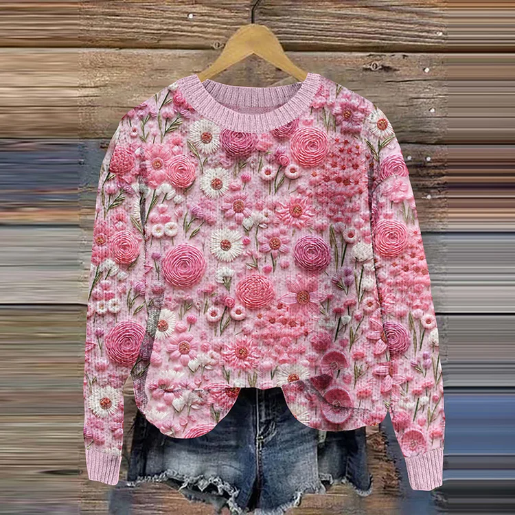 VChics Floral Print Crew Neck Knitted Sweater