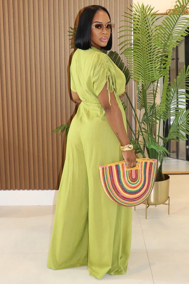 V Neck Ruched Sleeve Cutout Daily Solid Wide Leg Jumpsuit-Orange [Pre Order]