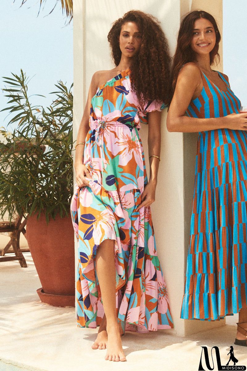 MidiSono - Women Spring Summer Vacation Slant Shoulder Boho Tiny Flower Causual Maxi Dress