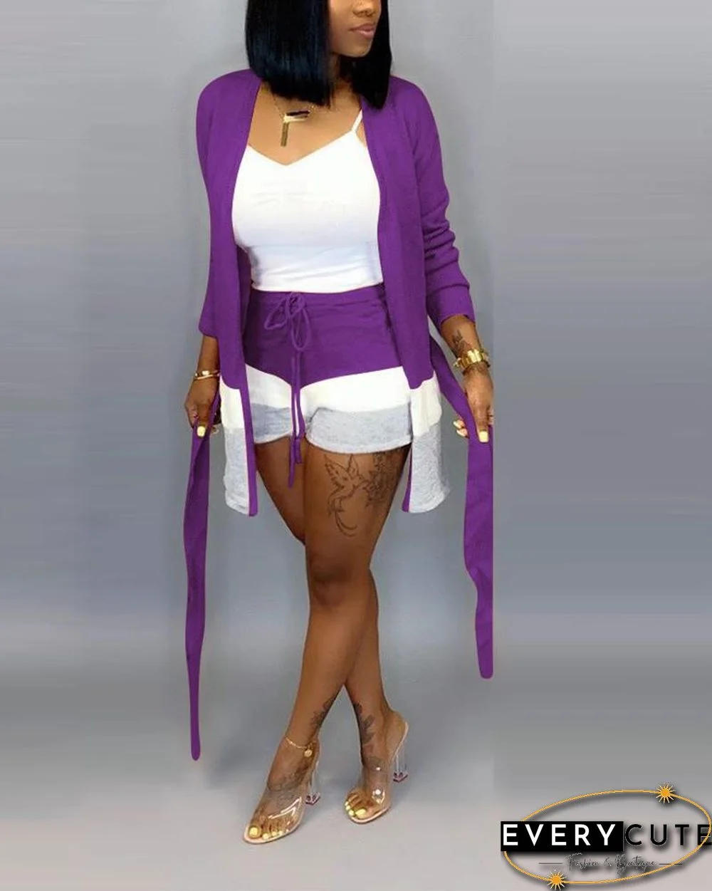 Colorblock Open Front Tied Rib-knit Cardigan & Shorts Set
