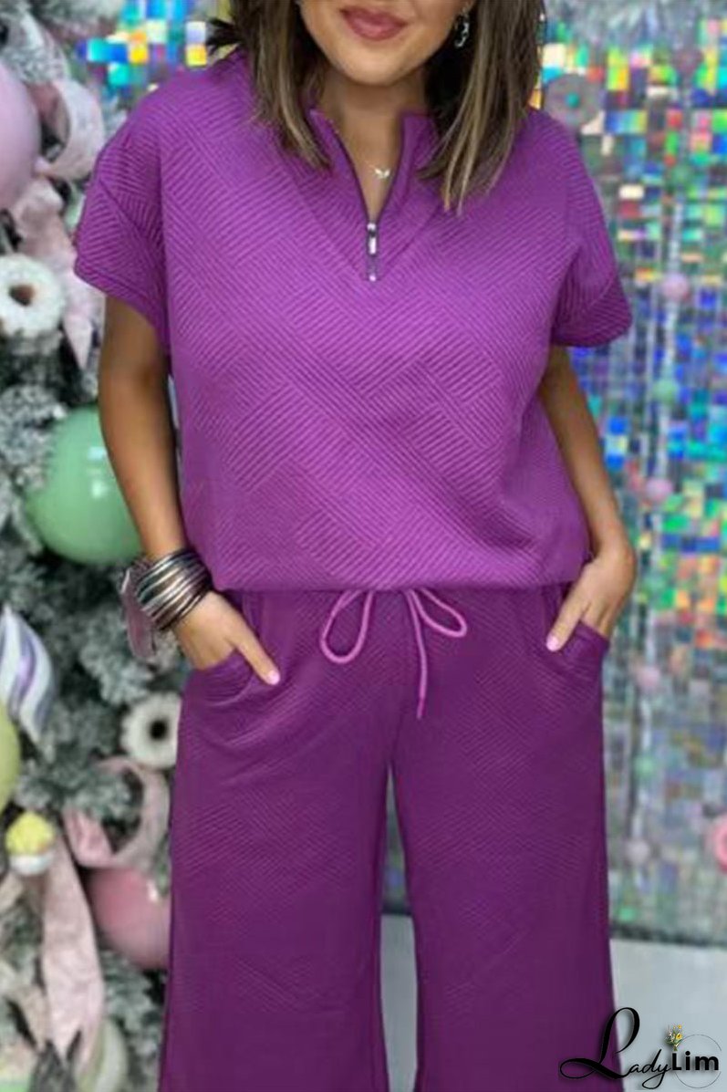 Casual Simplicity Solid Pocket Zipper Texture Turndown Collar Short Sleeve Two Pieces