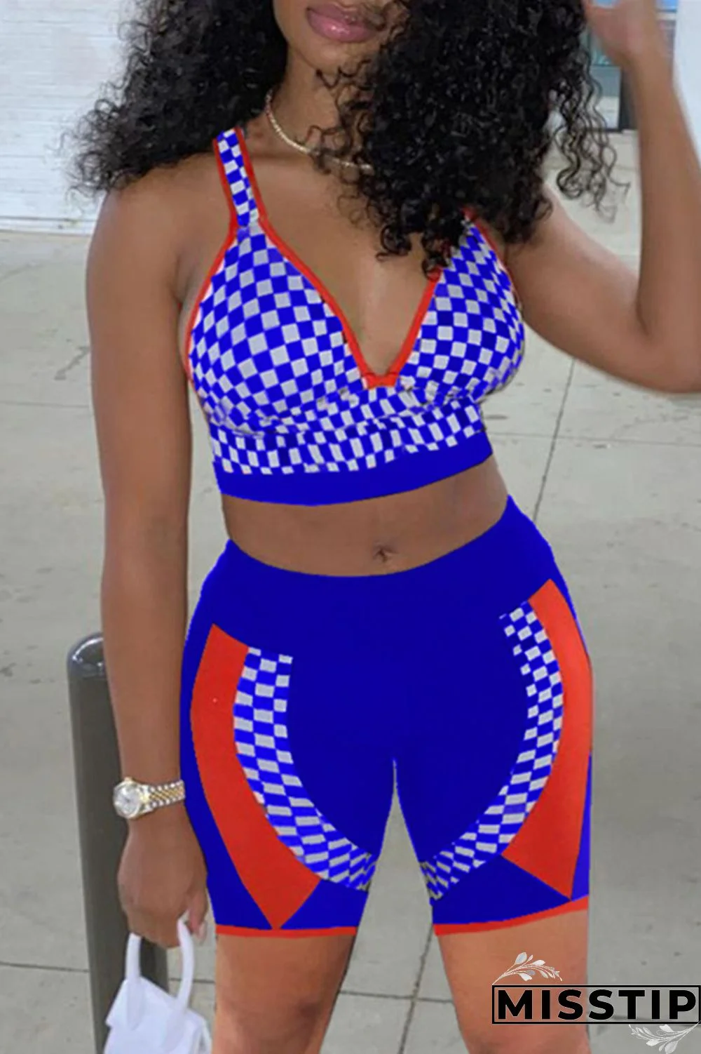 Blue Sexy Casual Patchwork Print Basic V Neck Sleeveless Two Pieces