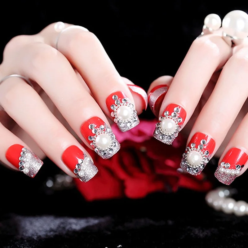 Hot Sell 24PCS/Sets Wedding Bride Fake Nails Crystal Pearl Rhinestone Nail Patch Full Nail Tips Fingernail Women Nail Art-Nail Inspo