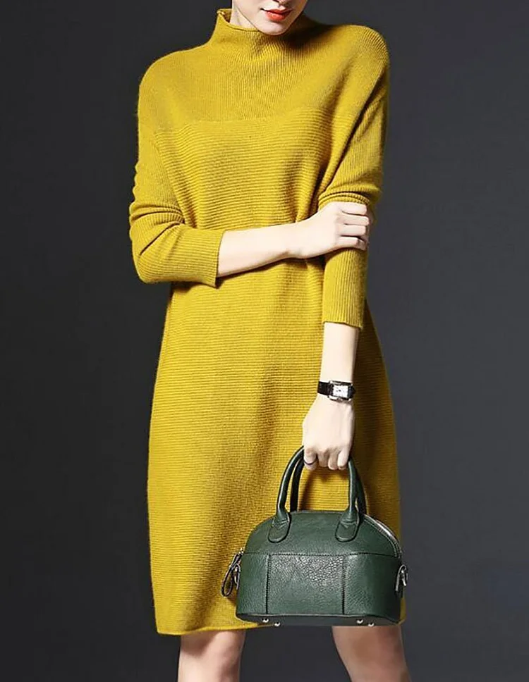 Stand Collar A-line Women Daily Knitted Casual Long Sleeve Knitted Solid Casual Dress