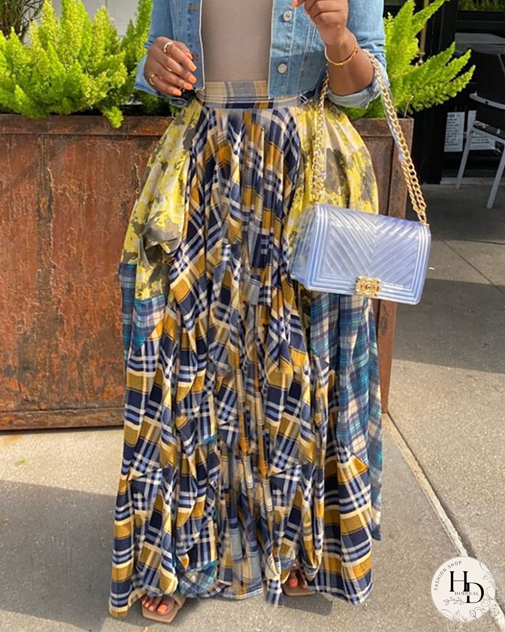 Plaid Colorblock Pleated Maxi Skirt
