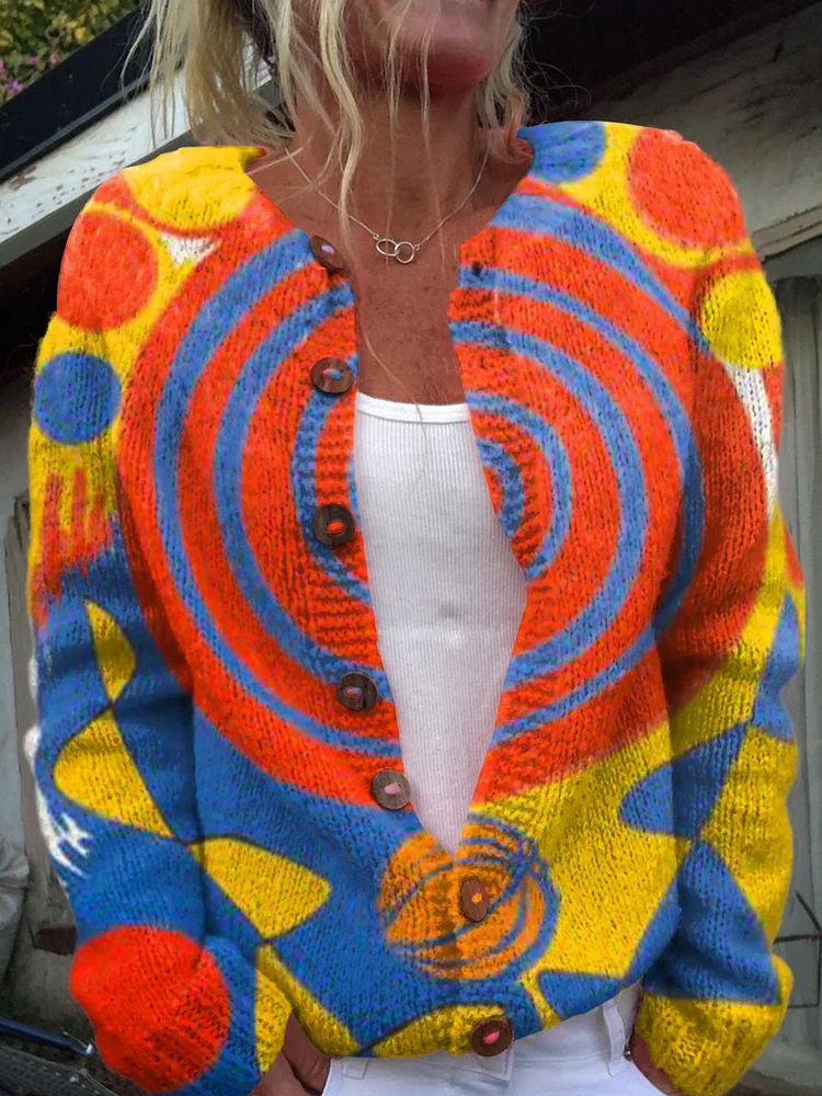 Retro Simple Geometry Art Print Buttoned Cardigan Sweater