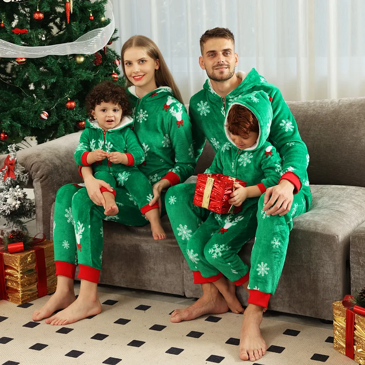 Christmas Flannel Hooded Onesie Family Matching Pajamas Sets(Green)