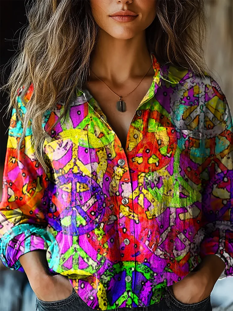 Women's Hippie Art Print Casual Long Sleeve Comfortable Cotton Shirt