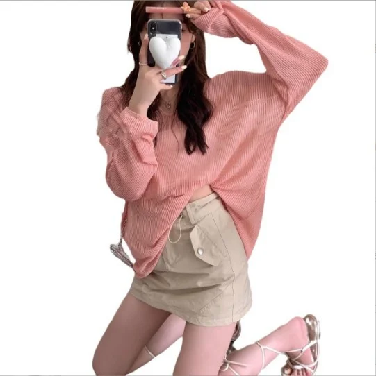 Toloer Toloer New Korean Loose Lazy Wind Long Sleeve Large Version V-Neck Ice Silk Jacket Women's Spring And Summer Thin Hollow Out Sweater-Outfit Ideas