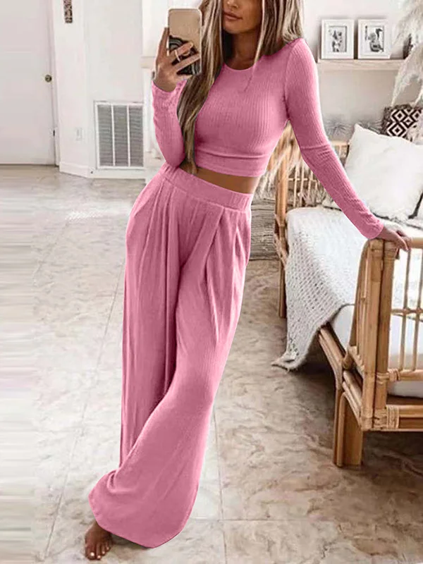 Plus Size Solid Color Long Sleeves Round-Neck Shirts Top + Pants Bottom Two Pieces Set