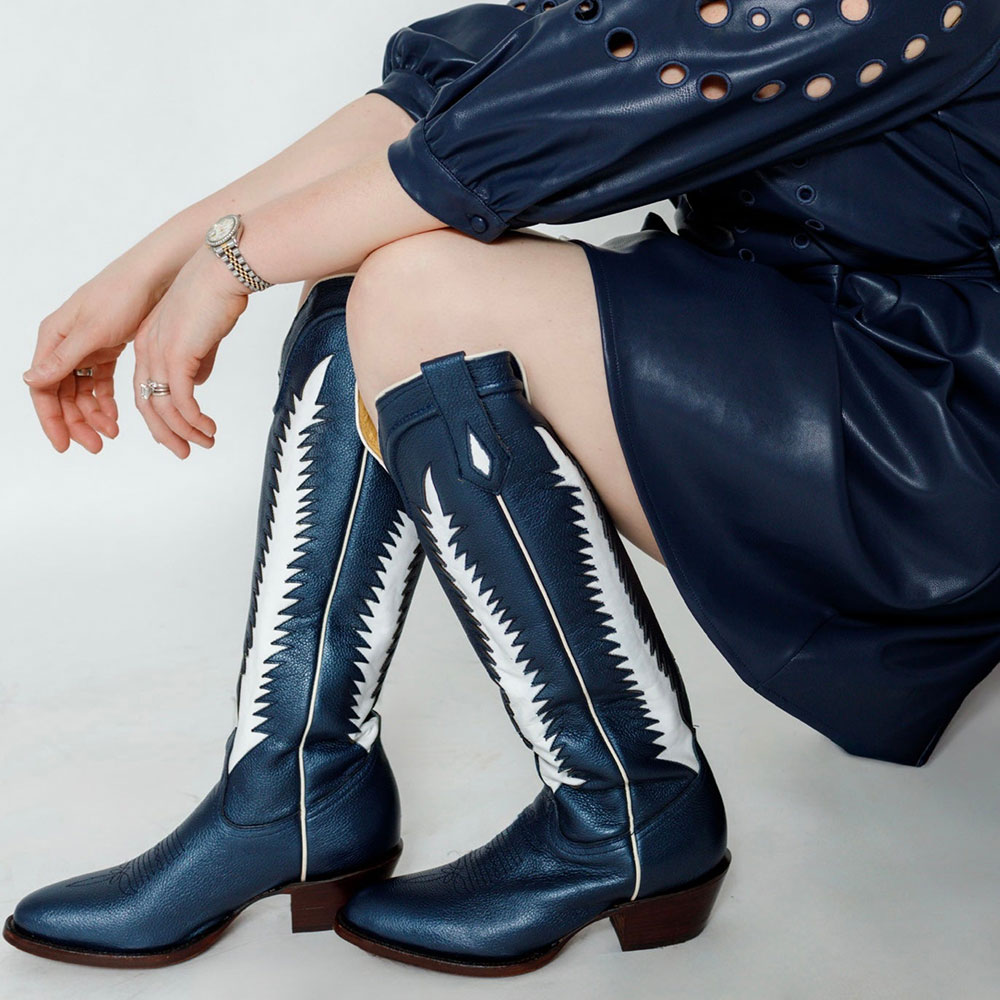 Navy & White Inlay Round Toe Knee-High Wide Calf Cowgirl Boots Nicepairs
