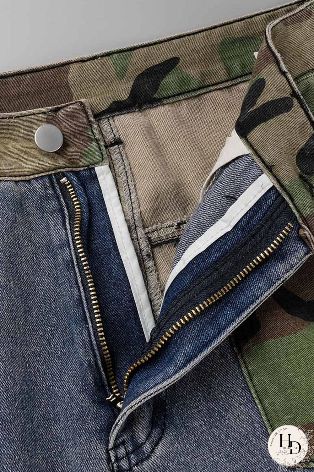 Blue Street Print Camouflage Print Patchwork High Waist Loose Denim Jeans