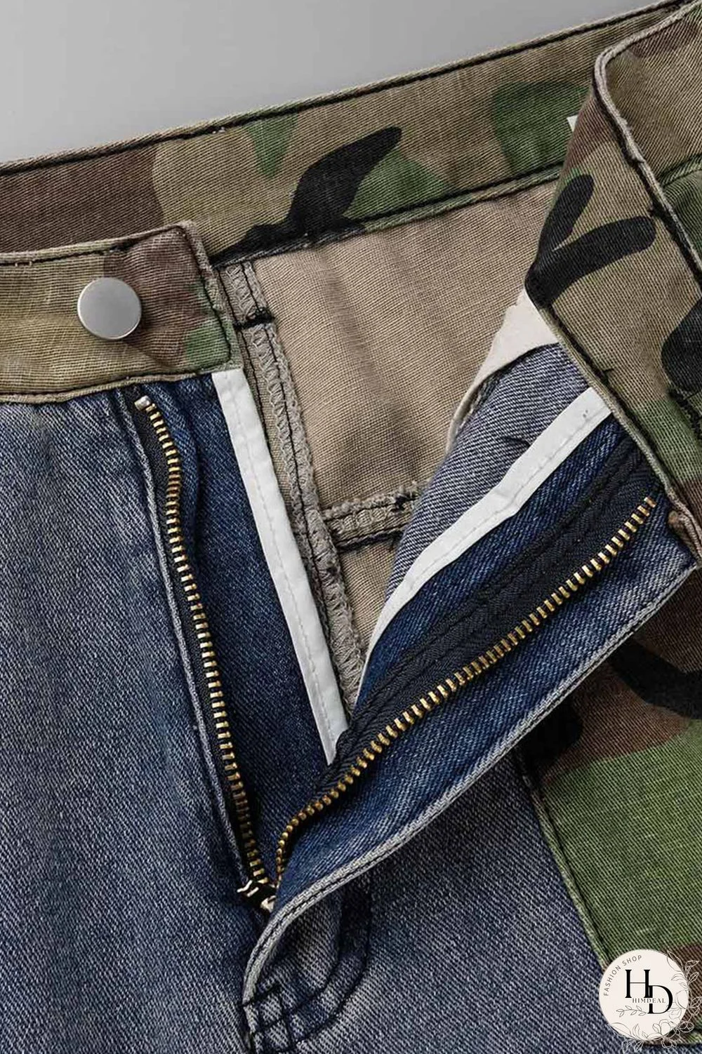 Blue Street Print Camouflage Print Patchwork High Waist Loose Denim Jeans