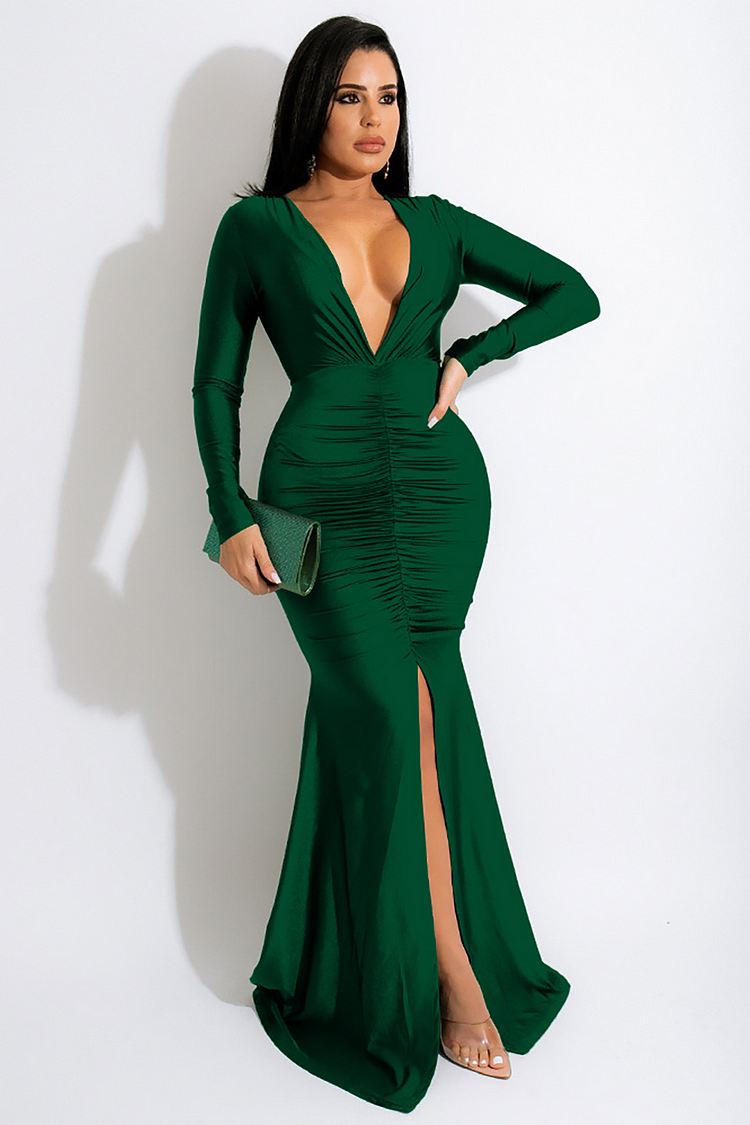 Deep V Neck Long Sleeve Ruched Bodycon Slit Mermaid Gowns Maxi Dresses-Red