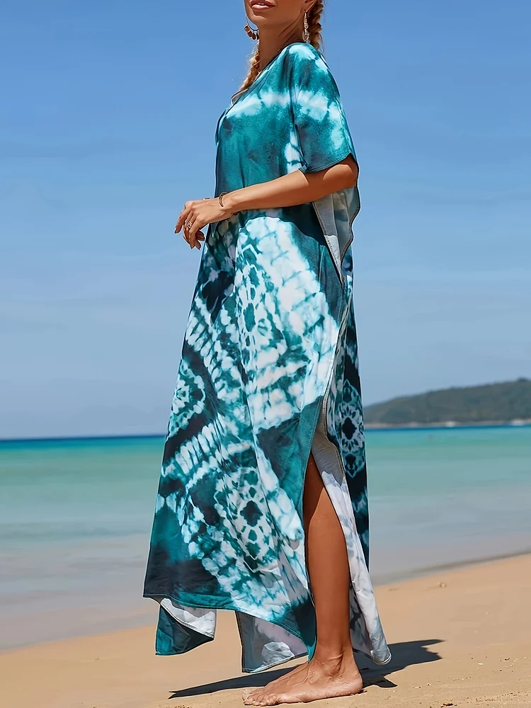Women's Middle Eastern Muslim Abaya, Casual V-Neck Rhombus Irregular Tie-Dye Print Loose Split Beach Vacation Bikini Cover-U