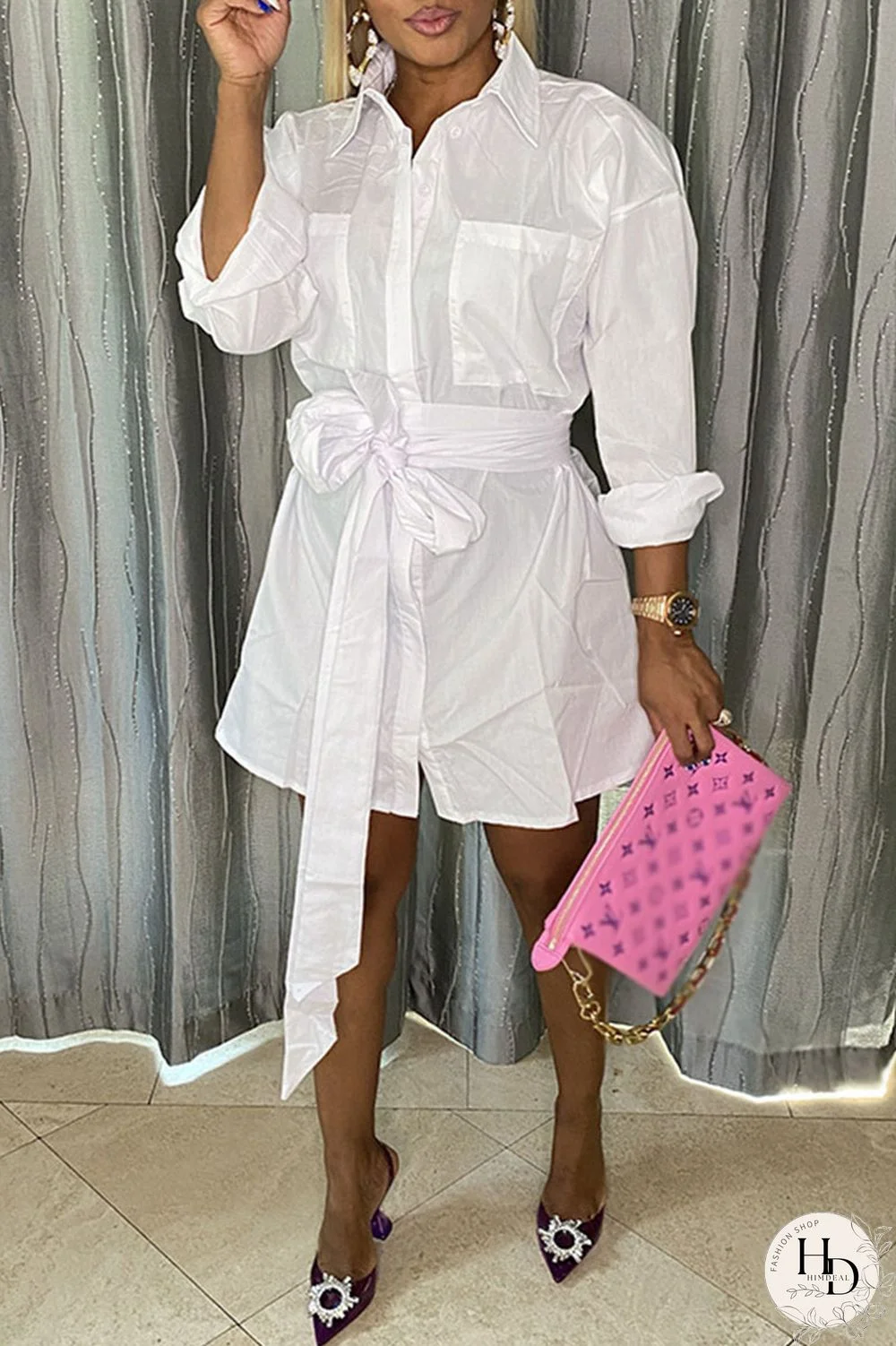 Black Casual Solid Pocket With Belt Turndown Collar A Line Dresses