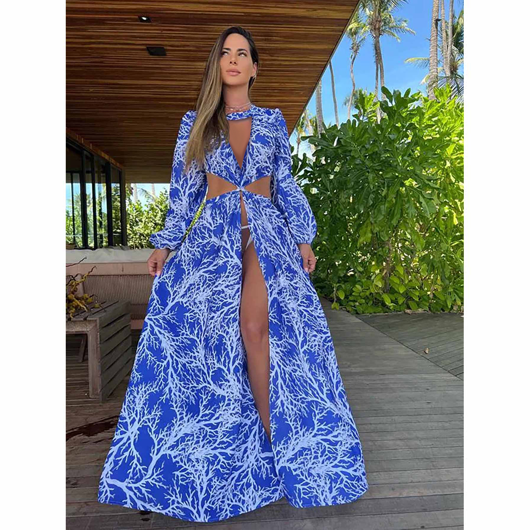 Ballifyex 2025 New Print Swimwear Cover Up Sexy Beach Dress Women Summer Ladies Crossover Tie Dress Bikini Dress Bathing Suit Beach Wear T